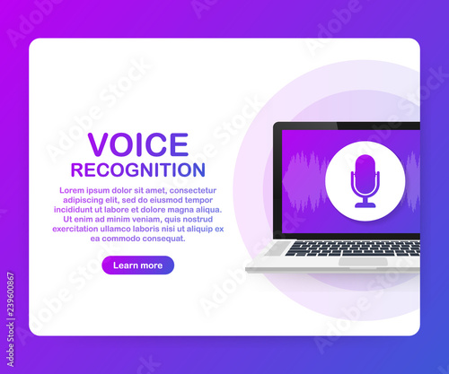 Vector flat voice recognition illustration. Landing page design. Laptop screen with sound waves and microphone dynamic icon. Vector illustration.