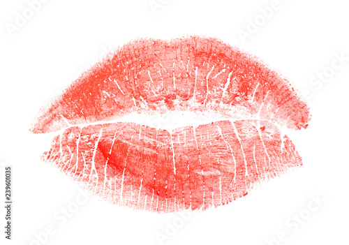 Color lipstick kiss mark on white background