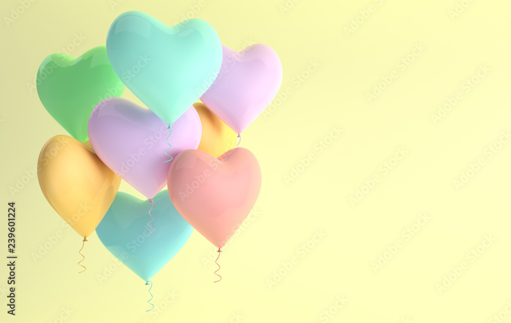 3d render illustration of realistic pastel colored glossy heart balloons. Valentine's Day romantic elegant 14 february greeting card. Empty space for party, promotion social media banners, posters.