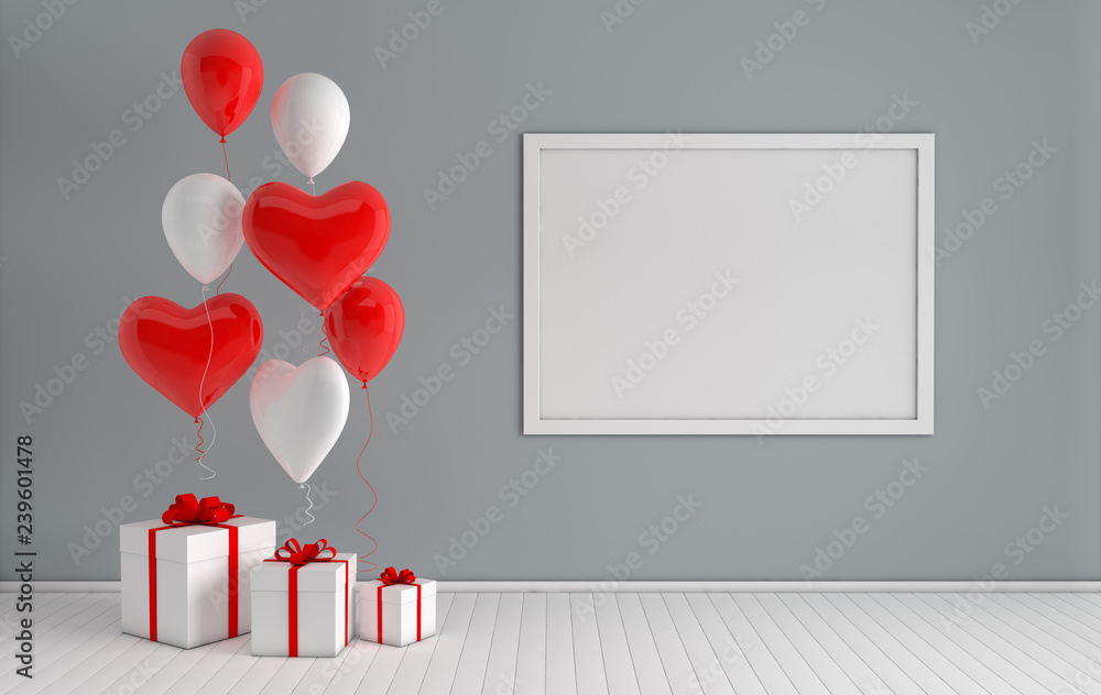 3d render interior with balloons, mock up poster frame in the room ...
