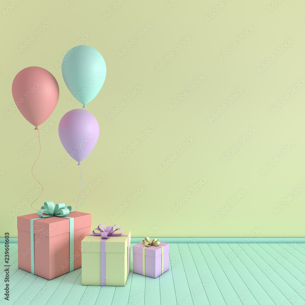 3d render interior with realistic pastel colored balloons and gift box with bow in the room. Empty space for party, promotion social media banners, posters.