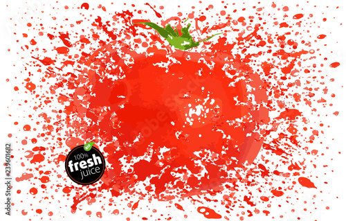 Tomato with a splash of fresh juice. Explosion and splashes of ripe juicy fruit. White background, Vector Illustration