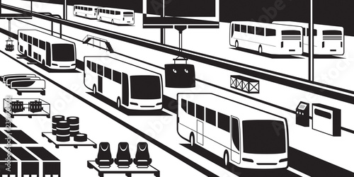 Bus assembly line - vector illustration