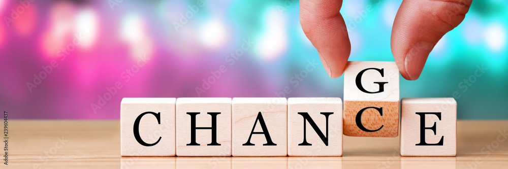 Hand Changing Word From Chance To Change On Wooden Cubes, New Years Resolution / Life Goals Concept - obrazy, fototapety, plakaty 