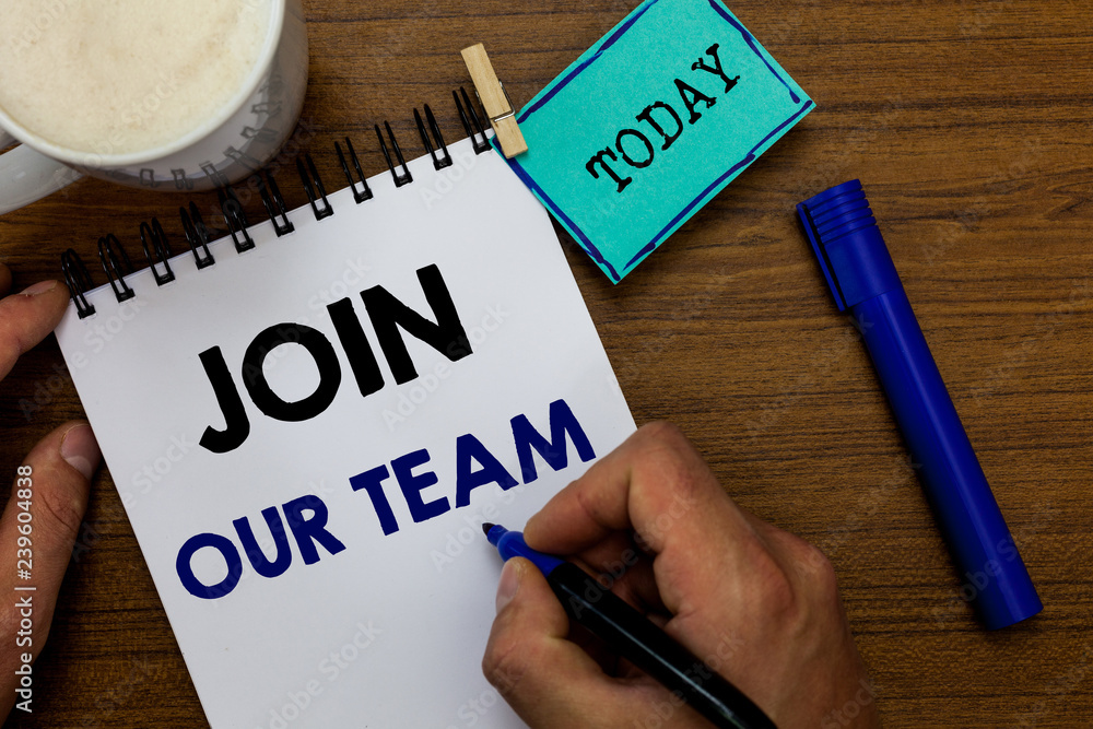 Writing note showing Join Our Team. Business photo showcasing Allied Associate Work with us New Employee Hired Enlist Man holding marker notebook clothespin reminder wooden table coffee Writing note showing Join Our Team. Business photo showcasing Allied Associate Work with us New Employee Hired Enlist Man holding marker notebook clothespin reminder wooden table coffee