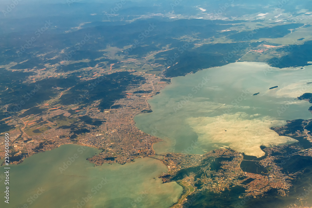 Aerial view from a plane from the city of Florianopolis, Brazil