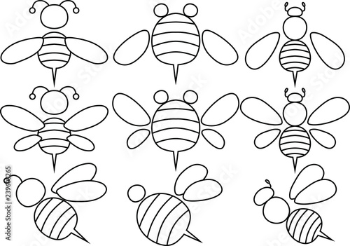 Cute bee outline set