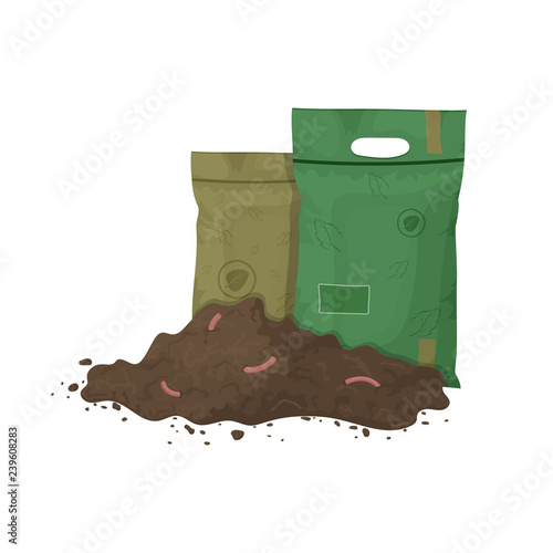 Pile of soil with earthworms and fertilizer packages. Illustration for organic fertilizer, compost, agriculture. Colored flat icon, vector design