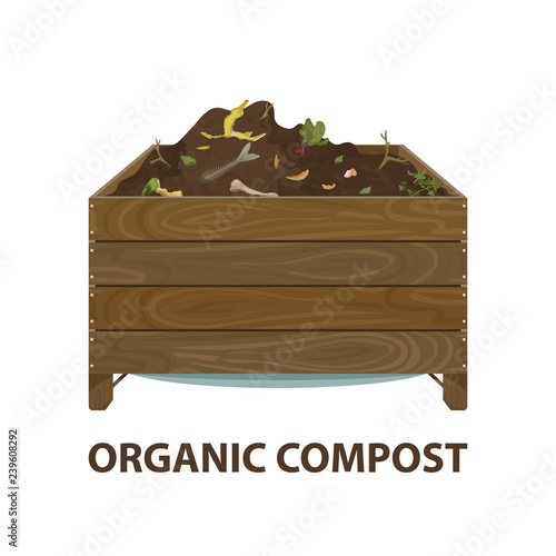 Organic compost. Cartoon wooden box with ground and food garbage. Zero waste theme. Illustration of bio, organic fertilizer, compost, soil, agronomy. Colored flat icon, vector design