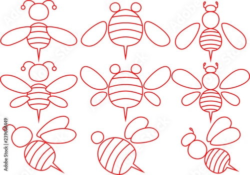 Red Cute bee outline set