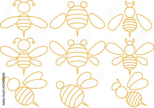Yellow Cute bee outline set
