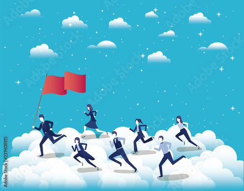 business people competing in the sky with flag