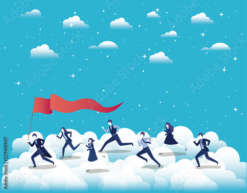 business people competing in the sky with flag