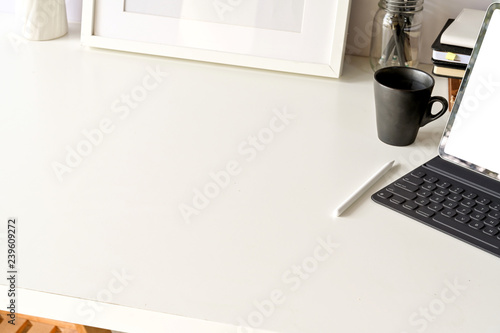 Office desk top table with office supplies, workspace and copy space