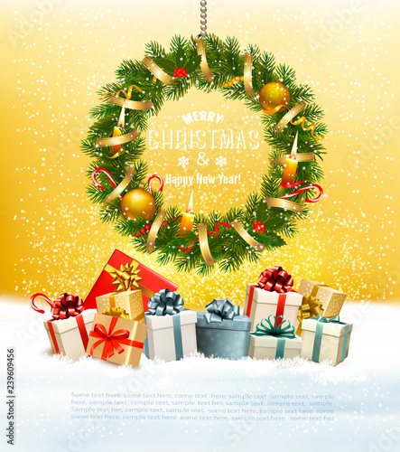 Holiday background with a colorful gift boxes and christmas wreath. Vector