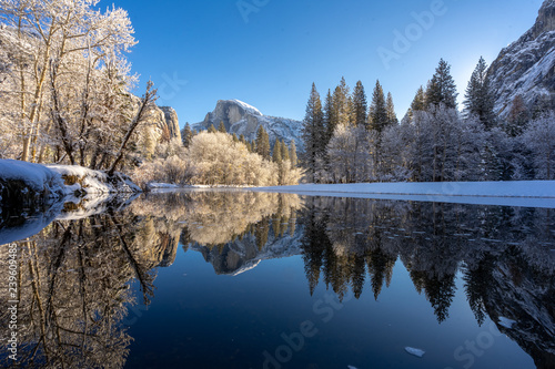 half dome trees and river with snow and shadows