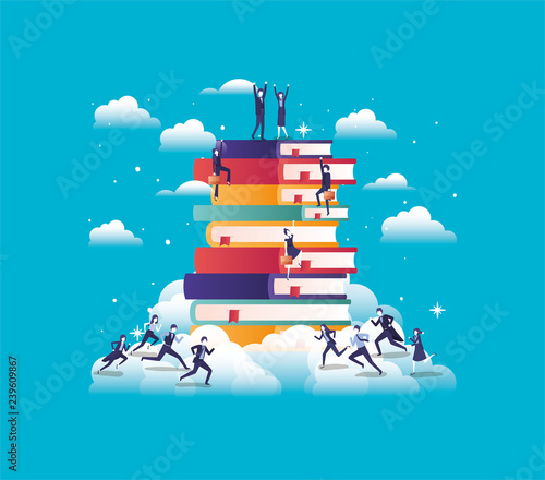 business people team with text books in the sky