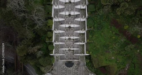 Aerial view of the church and stairs of Bom Jesus in Braga Portugal. Cinematic shot. 