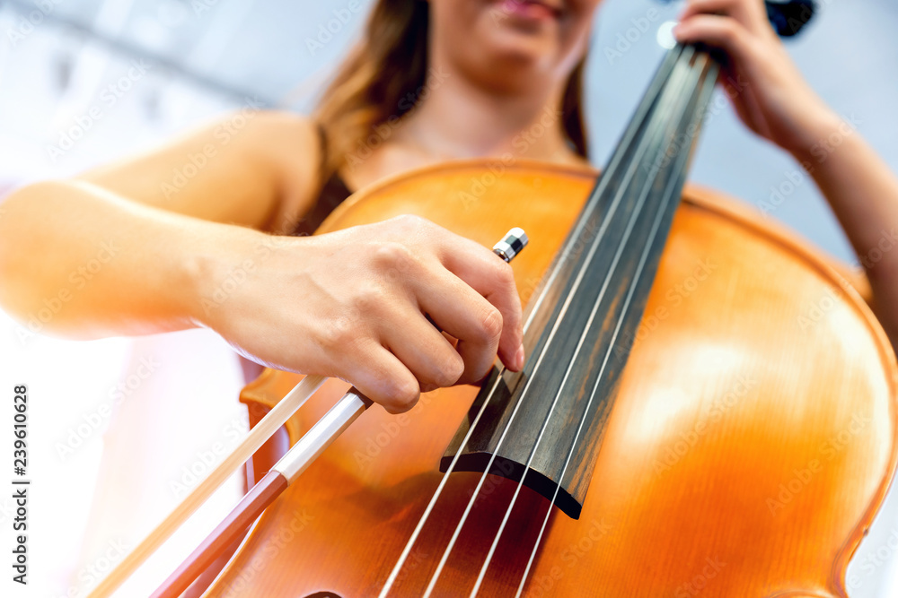 Close up of cello with bow in hands Close up of cello with bow in hands