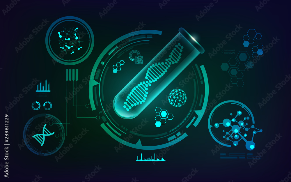 concept of genetic engineering, vector of realistic test tube and shape of dna inside with science technology analysis interface concept of genetic engineering, vector of realistic test tube and shape of dna inside with science technology analysis interface