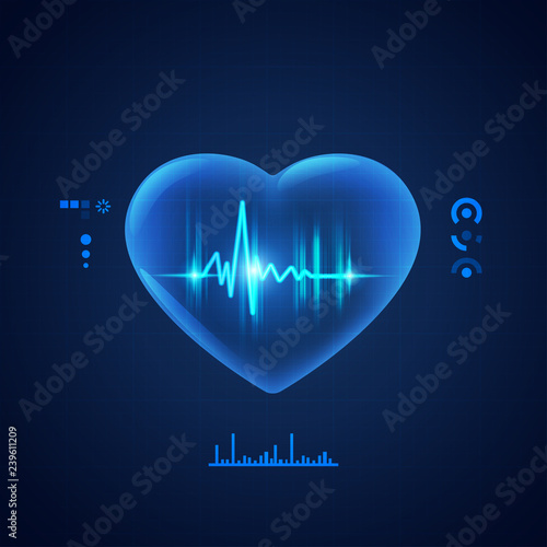 concept of cardiology technology, vector of transparent heart with pulse signal inside