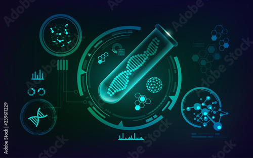 concept of genetic engineering, vector of realistic test tube and shape of dna inside with science technology analysis interface