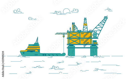 flat design vector of oil platform with freight ship on operating process for industrial infographics