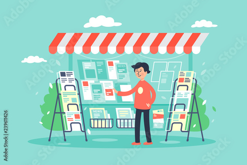 Flat young man newsagent in newsstand sells newspapers.