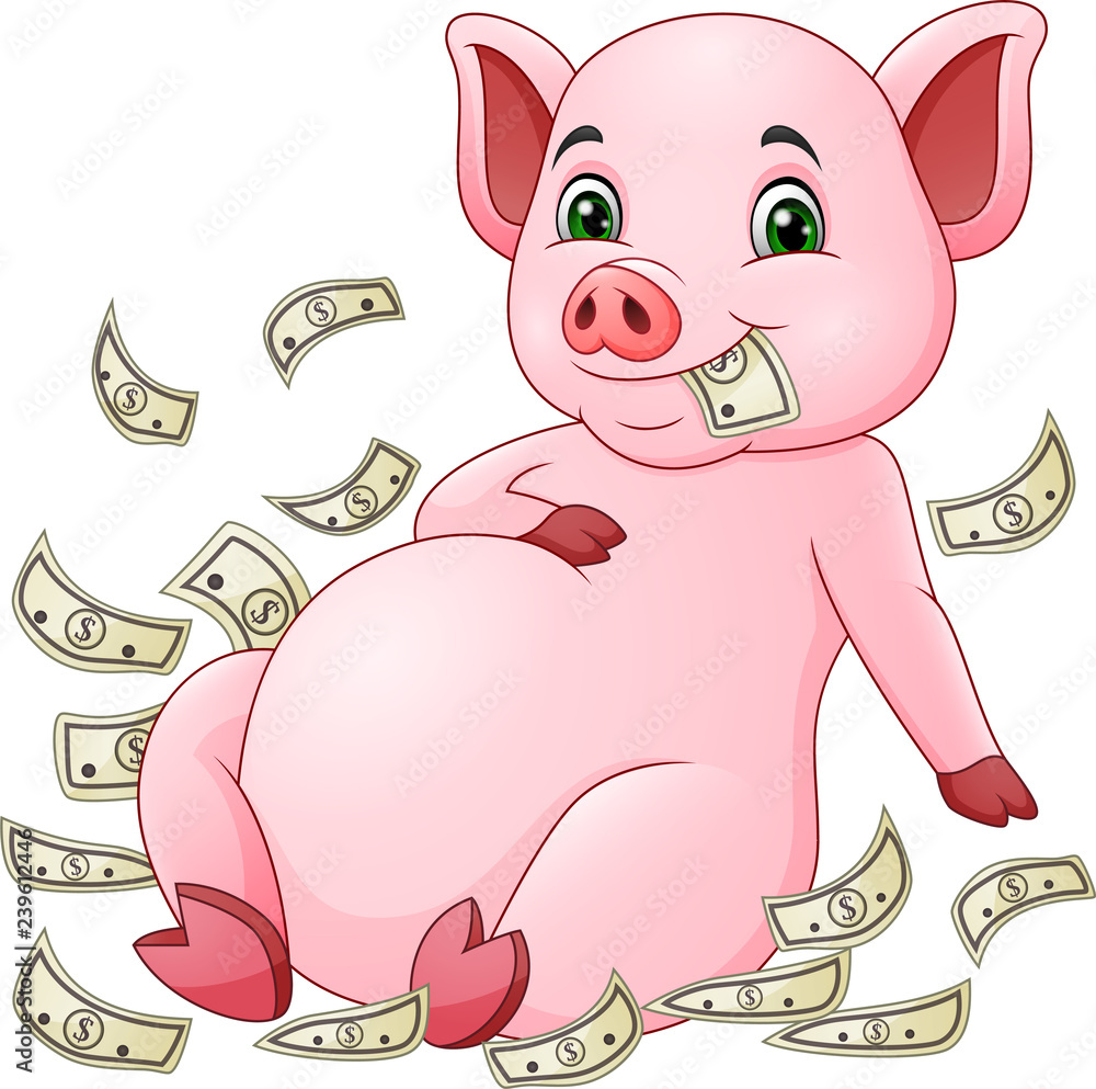 Naklejka Kreskówka świnia i latające pieniądze