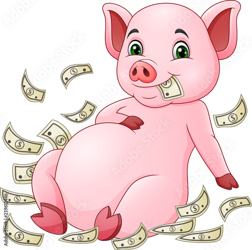 Cartoon pig and flying money
