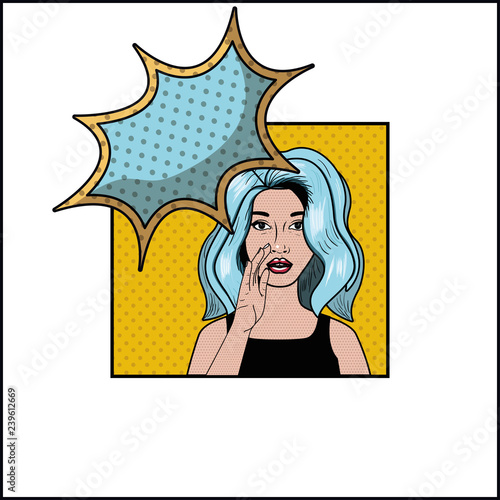 woman with blue hair and speech bubble pop art style