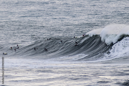 Canvas Print Surfers riding huge waves on the west coast, close to Pillar Point and Mavericks