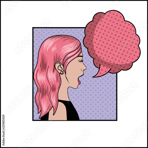 woman with pink hair and speech bubble pop art style