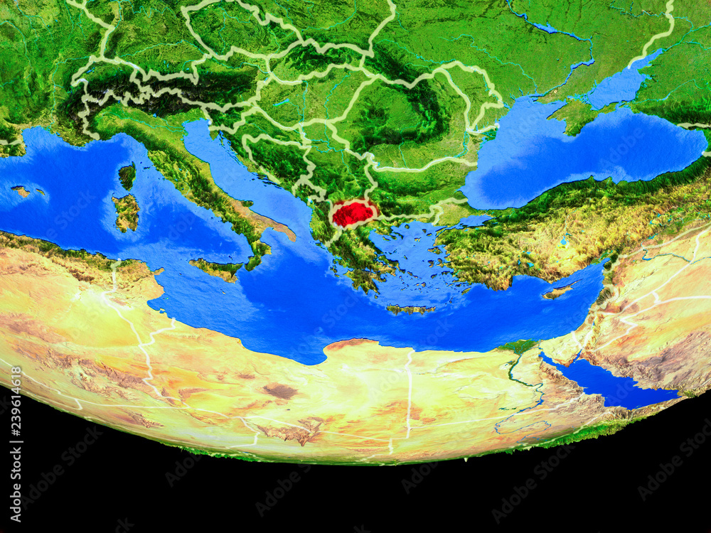 Macedonia from space on model of planet Earth with country borders.
