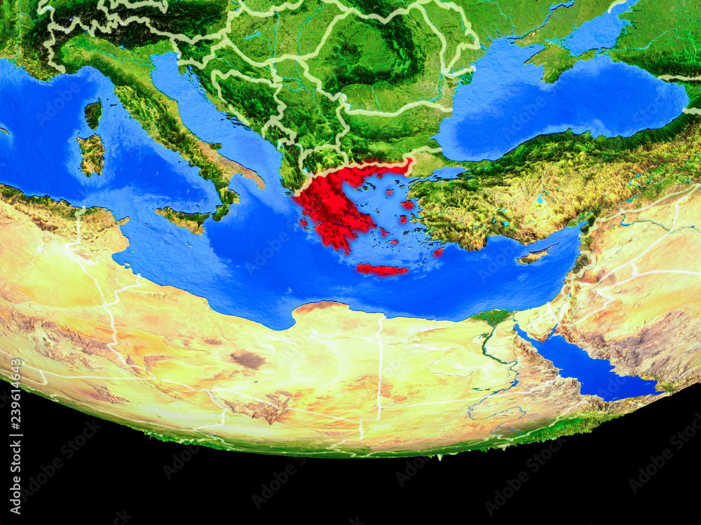 Greece from space on model of planet Earth with country borders.