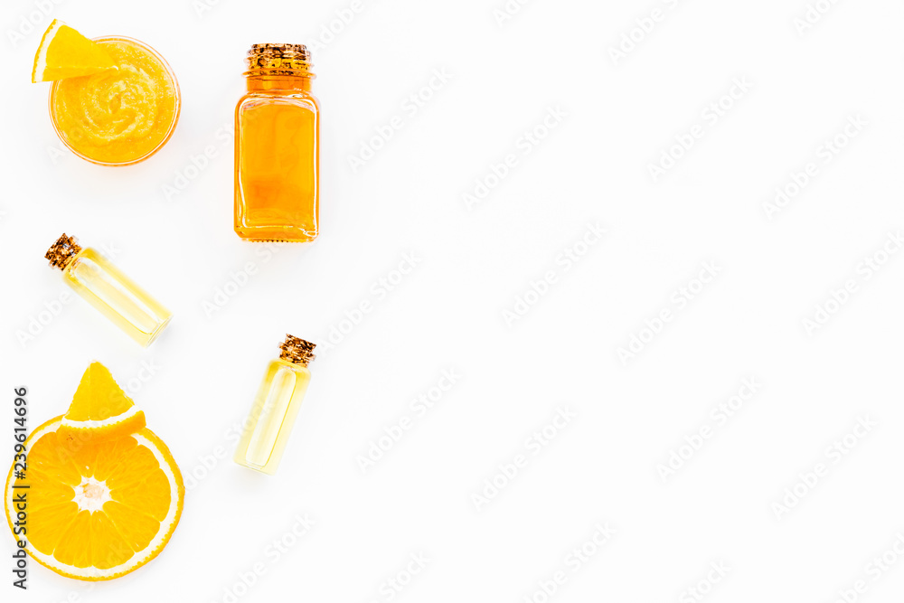 body treatment with citrus cosmetic set white desk background top view space for text body treatment with citrus cosmetic set white desk background top view space for text
