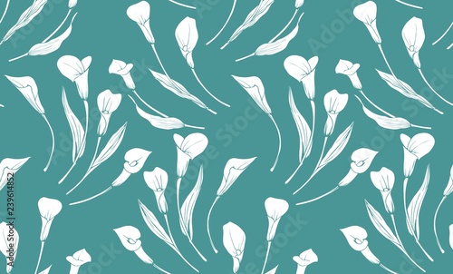 White Callas on a green background. Seamless vector pattern.