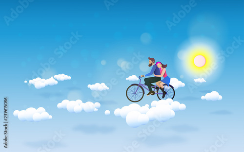 A Couple riding bicycle to the sky. Love concept. Happy Valentine's Day wallpaper, poster, card. Vector illustration