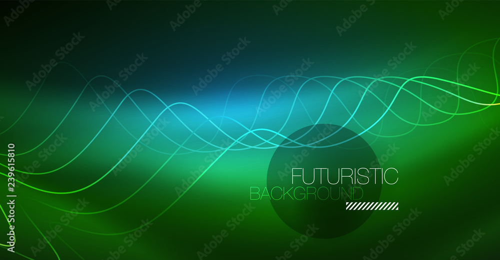 Abstract shiny glowinng color wave design element on dark background - science or technology concept