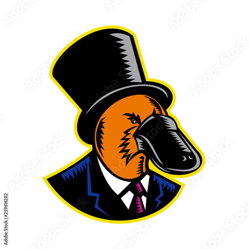 Retro woodcut style illustration of a duck-billed platypus, a semiaquatic egg-laying mammal endemic to eastern Australia, wearing a topper or top hat and suit on isolated background in color.