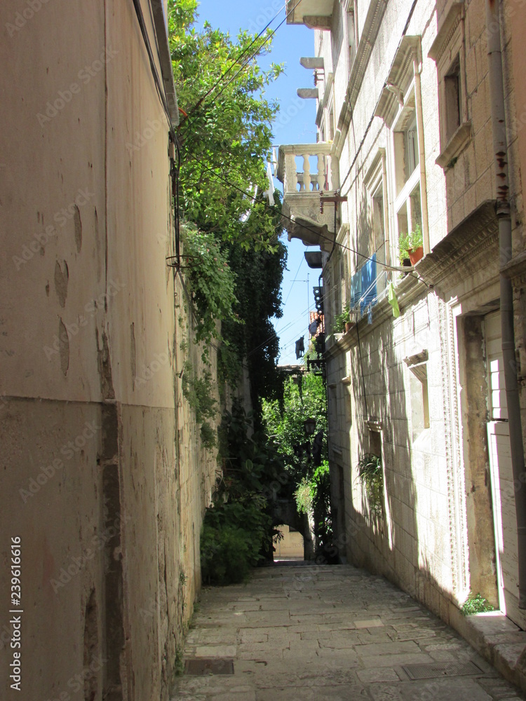 Narrow street in old town Korcula, homeland of Marco Polo, Croatia