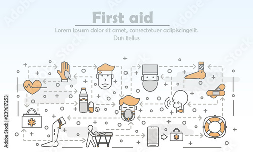 Vector thin line art first aid poster banner template