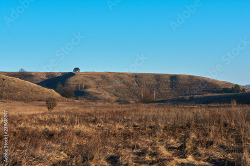 landscape of the ravine with hilly gentle slopes covered with thick dry steppe grass. Blue bright sky on a sunny winter day. Ukraine Kiev region.