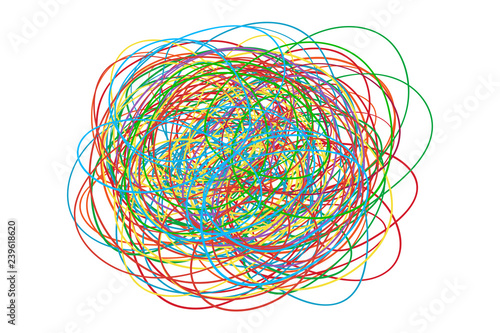 Colorful tangled on white. Chaos pattern. Scribble sketch. Bright background with array of lines. Intricate chaotic texture. Art creation. Print for polygraphy, posters and t-shirts