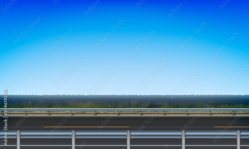 Side view of a road with a crash barrier, roadside green meadow and clear blue sky background, vector illustration