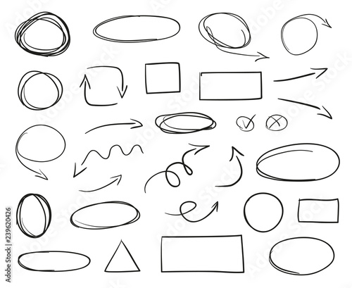 Tangled shapes on white. Hand drawn lines on isolated background. Chaotic signs with hatching. Elements for poster and flyer