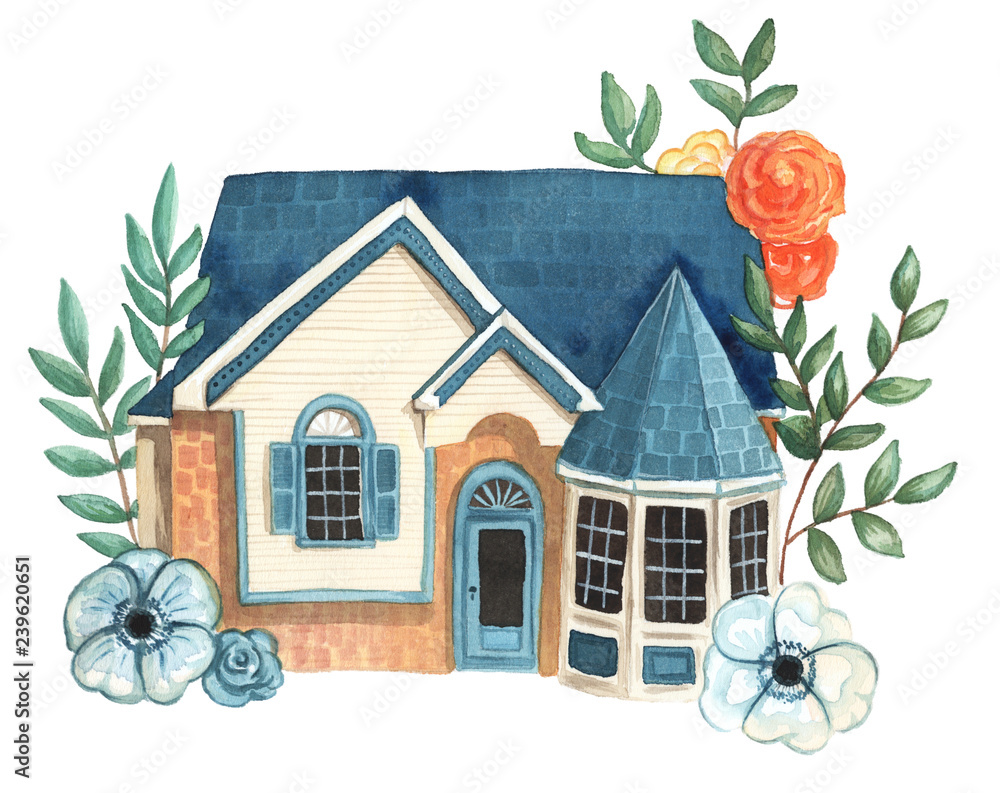 Watercolor house illustration clipart with florals and flowers Stock
