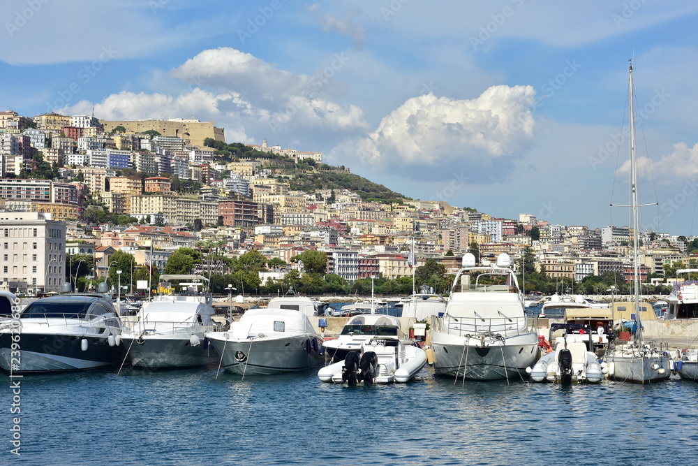 Recreational vessels berthed in marina with dense urban area filled with Mediterranean style apartment buildings on hill in background on sea coast of Italy.