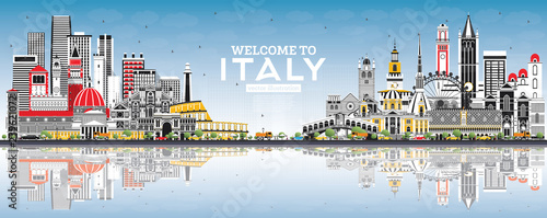 Welcome to Italy City Skyline with Gray Buildings, Blue Sky and Reflections.