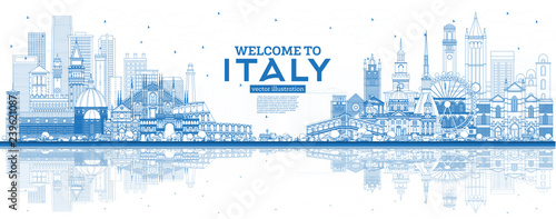 Outline Welcome to Italy City Skyline with Blue Buildings and Reflections.